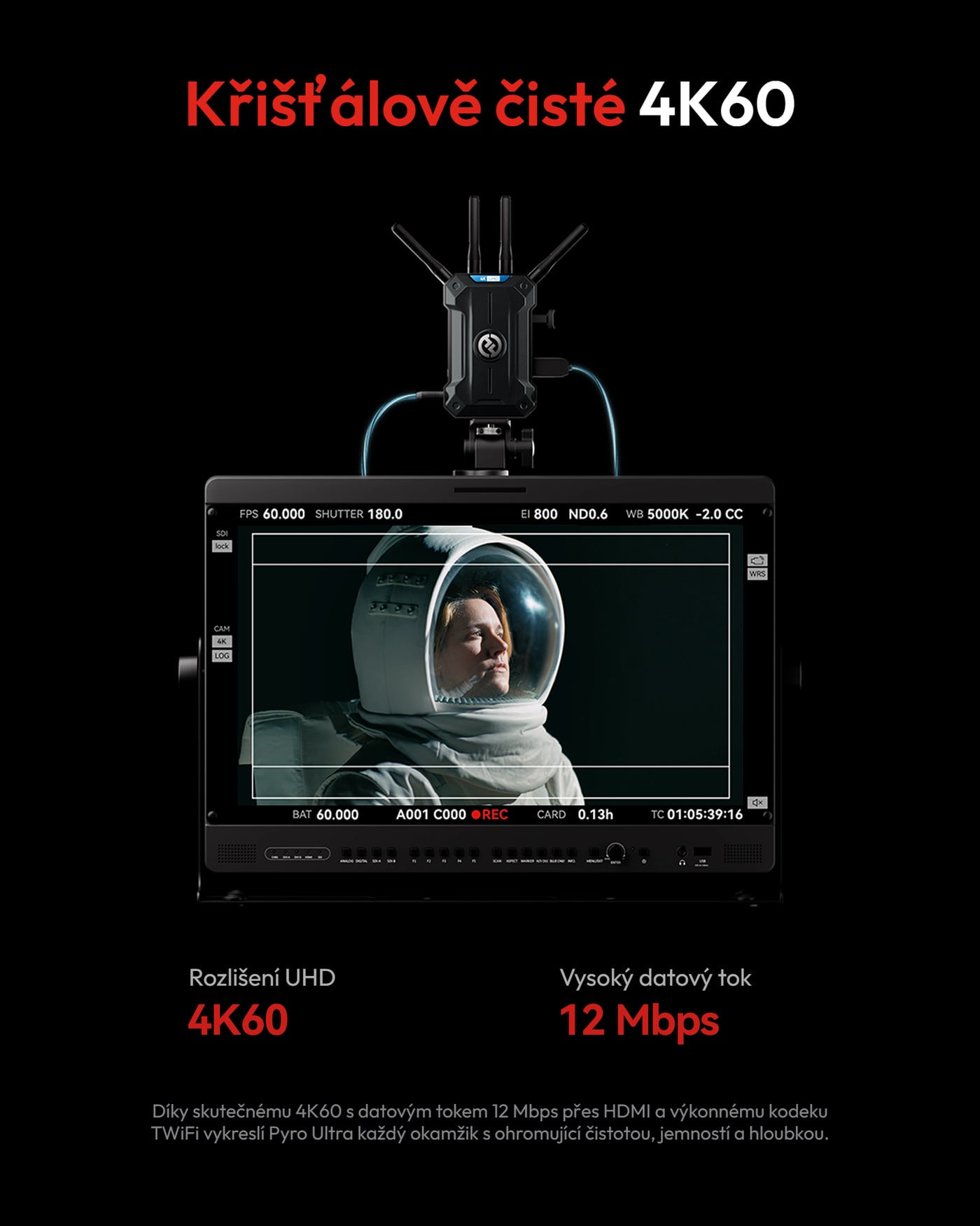 Hollyland Pyro Ultra RX – Skutečné 4K60 s datovým tokem 12 Mbps