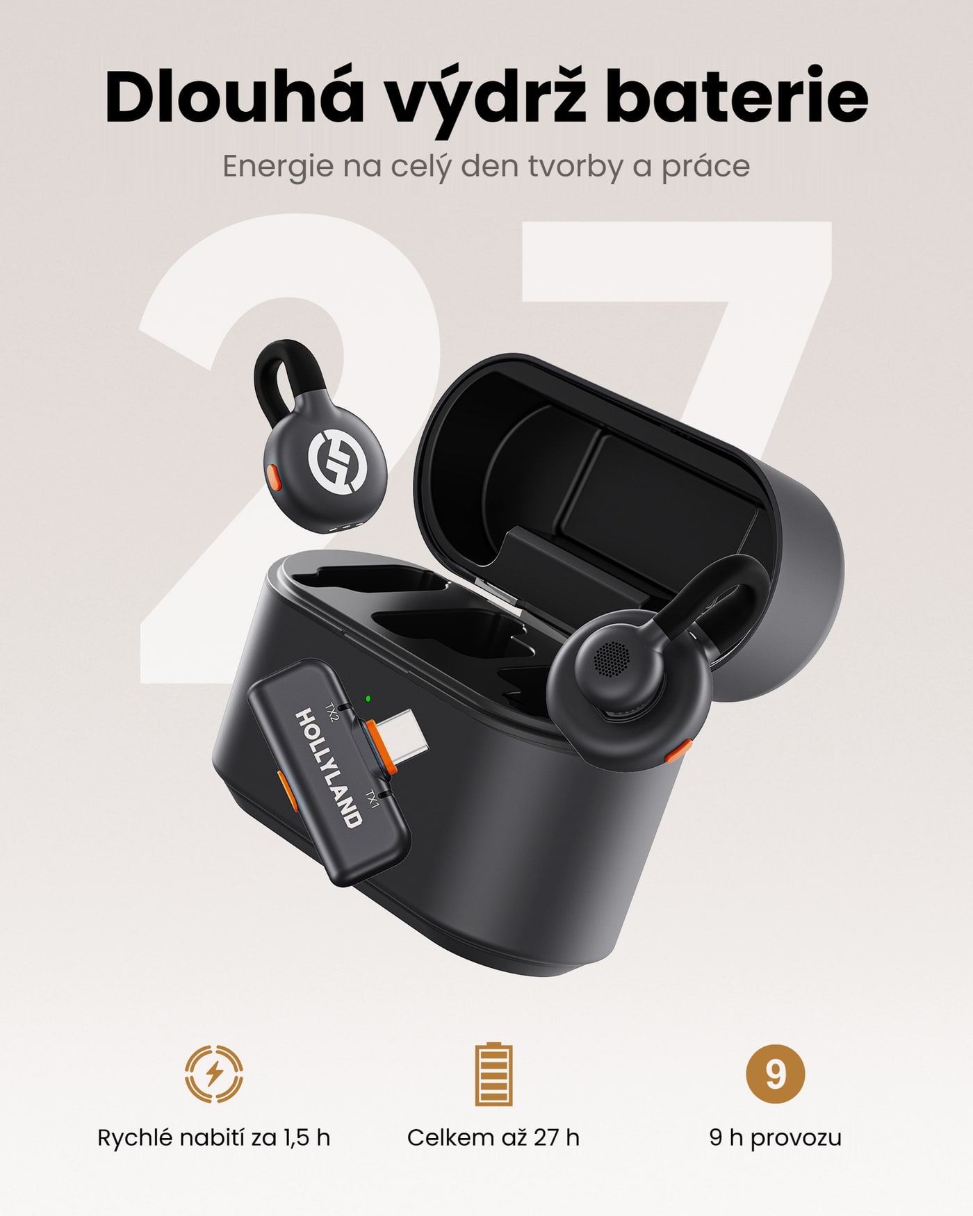 Hollyland LARK M2S nabíjecí pouzdro Mobile (Space Gray) – Výdrž s pouzdrem