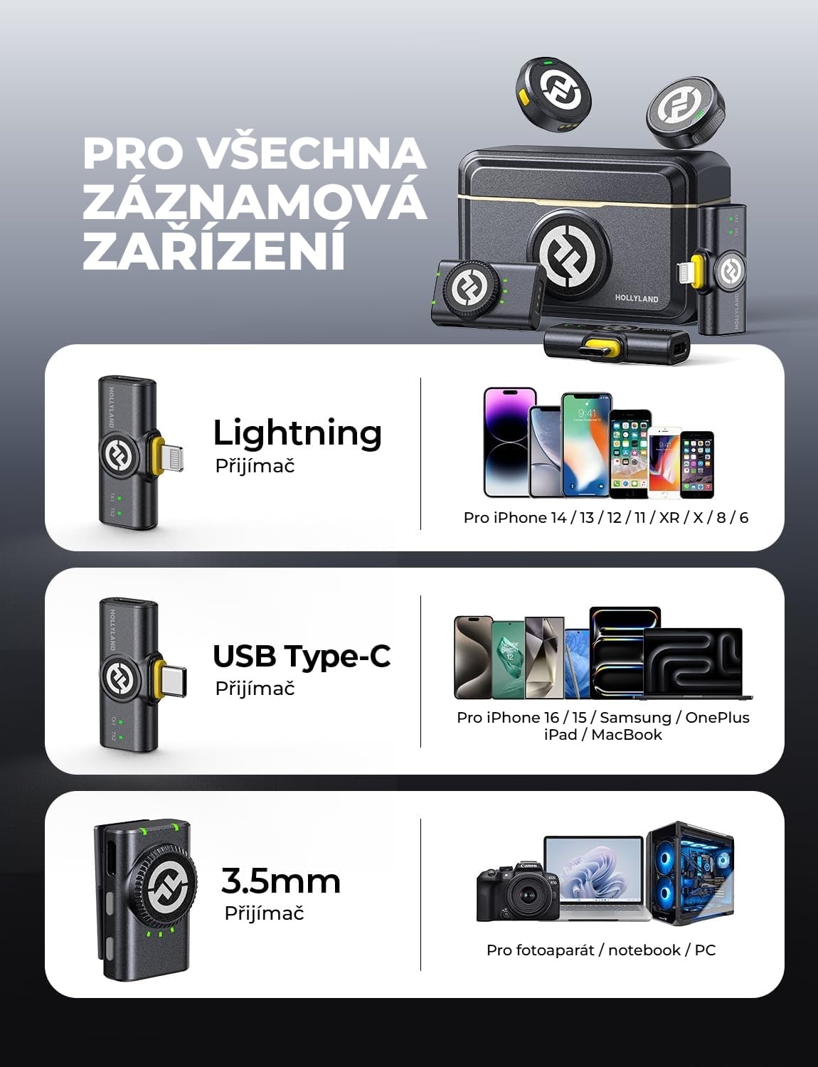 Hollyland LARK M2 přijímač Lightning (Shine Charcoal) – Přijímač pro každé zařízení