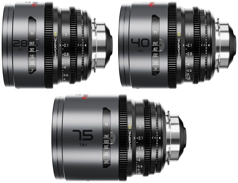 DZOFILM Pavo sada 28/40/75 mm anamorfní 2× – Neutral, PL/EF, stopová stupnice