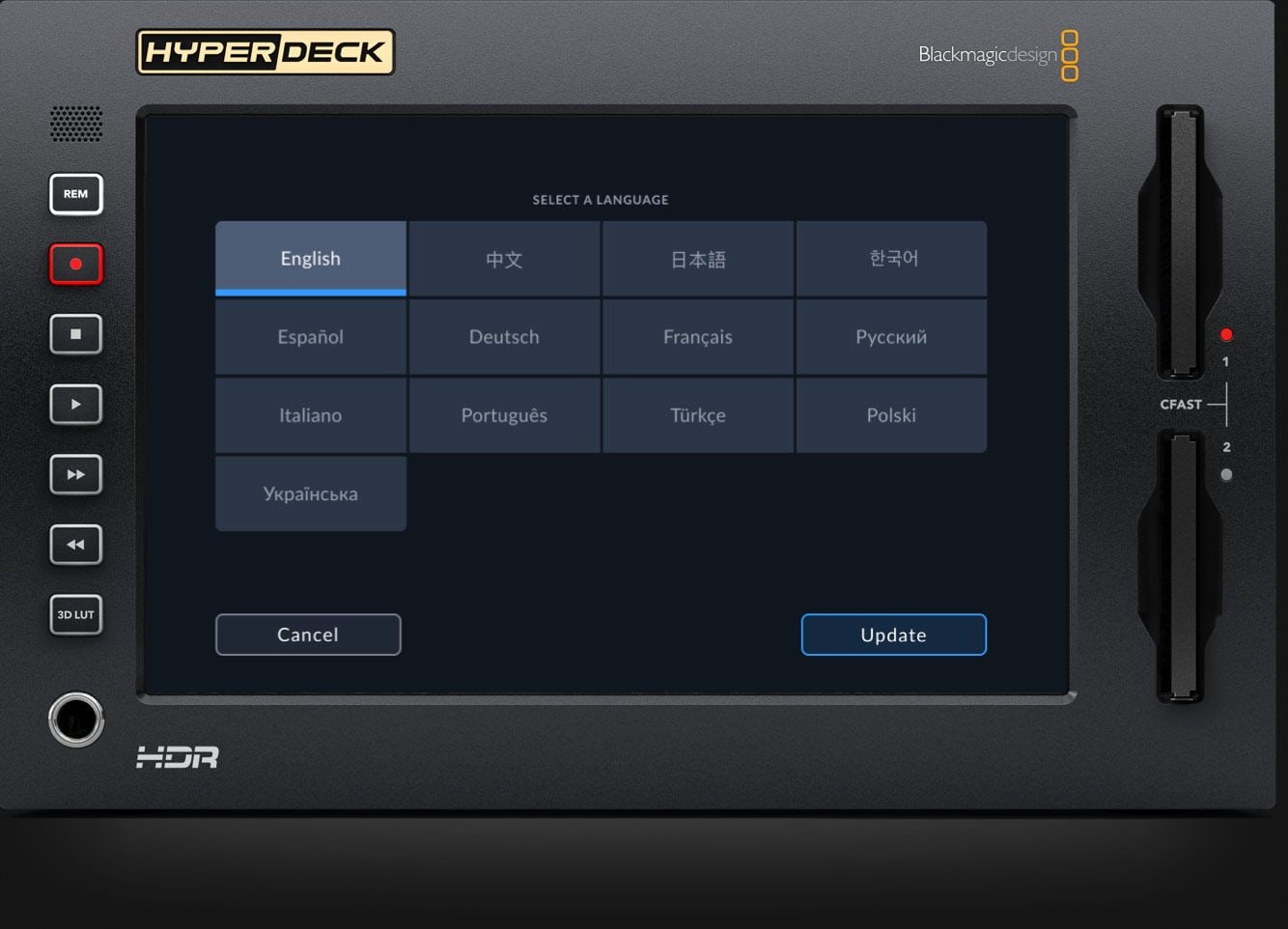 HyperDeck Extreme 8K HDR – Menu ve 13 jazycích