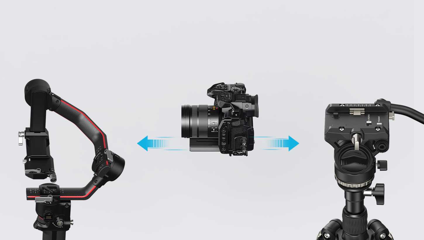 Přijímá rychloupínací destičky DJI RS 2 / RS 3 / RS 3 Pro i Manfrotto, takže přepneš mezi stabilizátorem a stativem bez přestavování