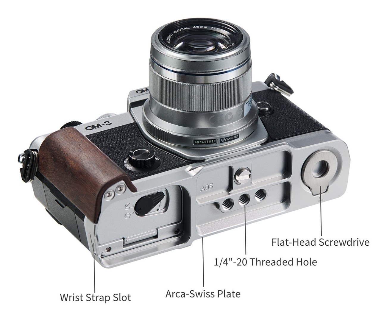L-Shaped Mount Plate with Wooden Handle for OM SYSTEM OM-3