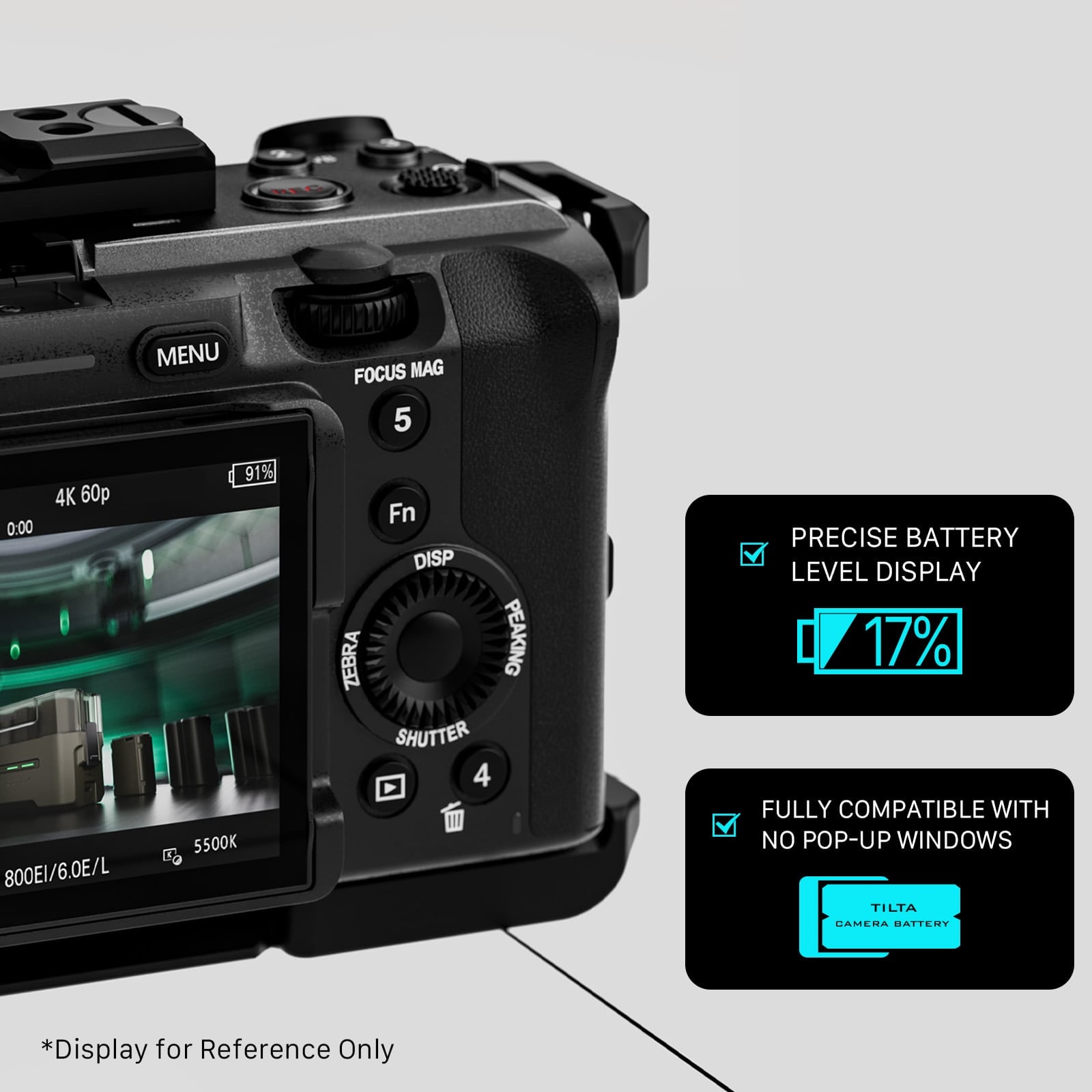 The camera shows an accurate state of charge as a percentage, with no warning messages