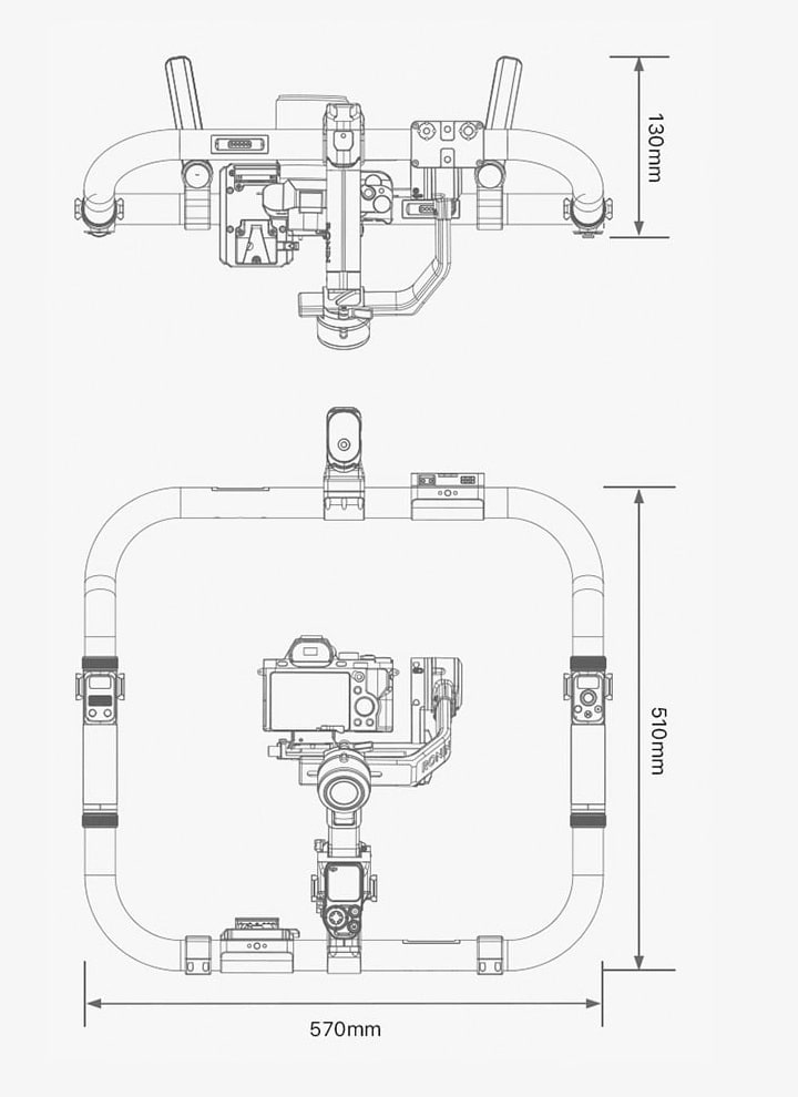 Kótovaný nákres kroužkového gripu Tilta Advanced Ring Grip: 570 × 510 × 130 mm