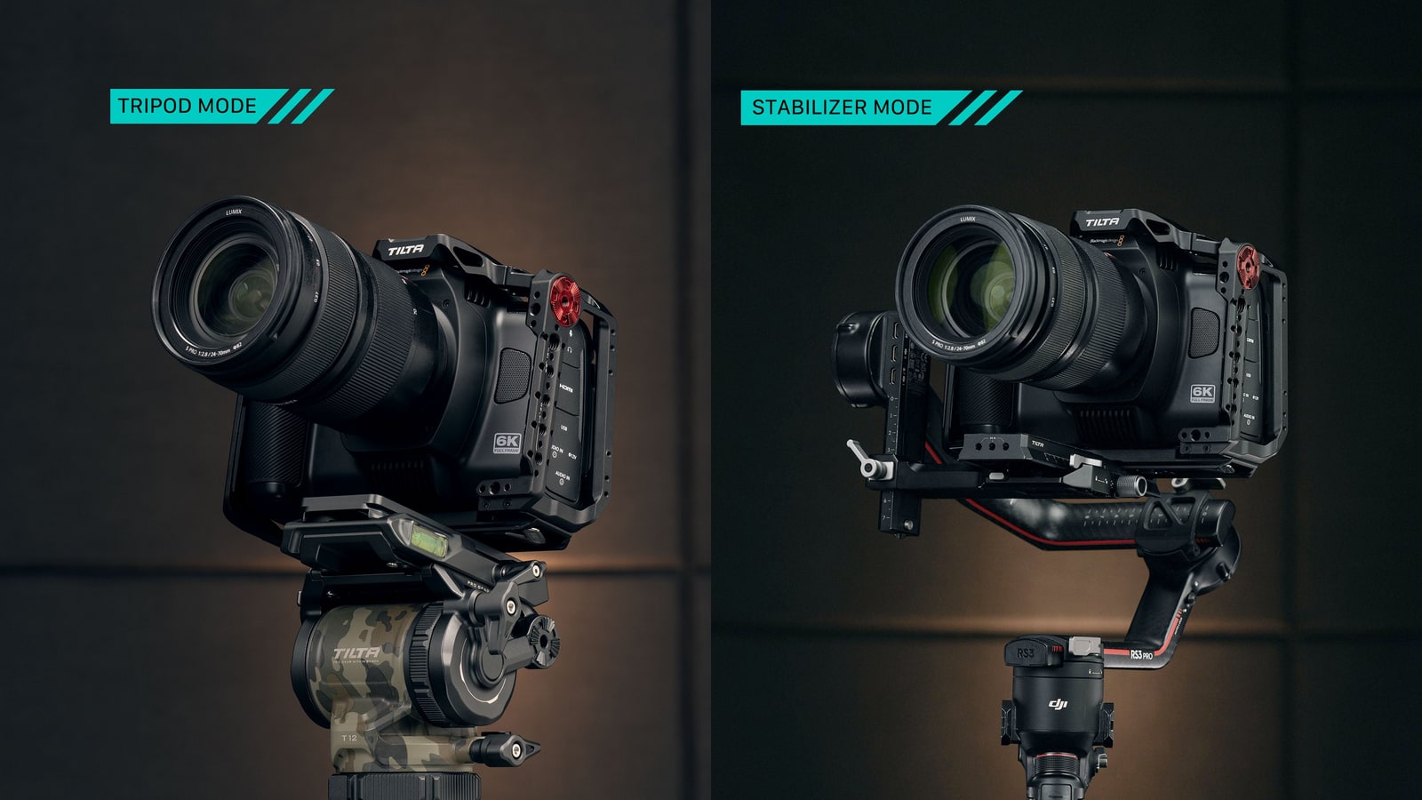 The caged camera on a tripod and on a gimbal