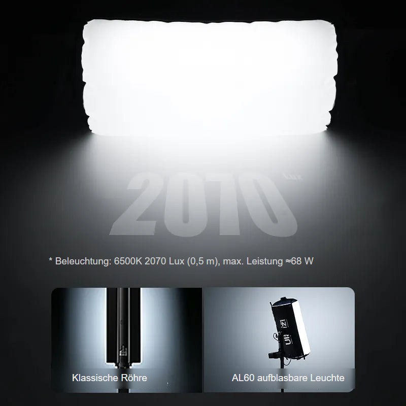 Ulanzi AL60 LED Air Tube Light, 6500K 2070Lux, compared to traditional light.
