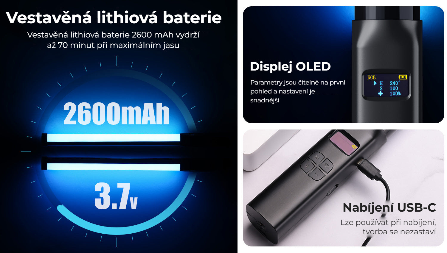 Ulanzi VL119 RGB LED tyč 10 W – Baterie, displej a USB-C