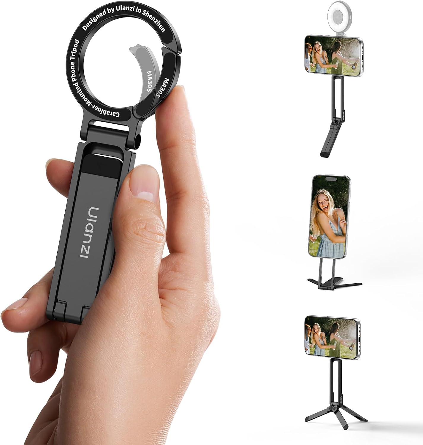 Ulanzi MA30S Magnetic Carabiner Phone Tripod Stand, 8 mm Slim, Black