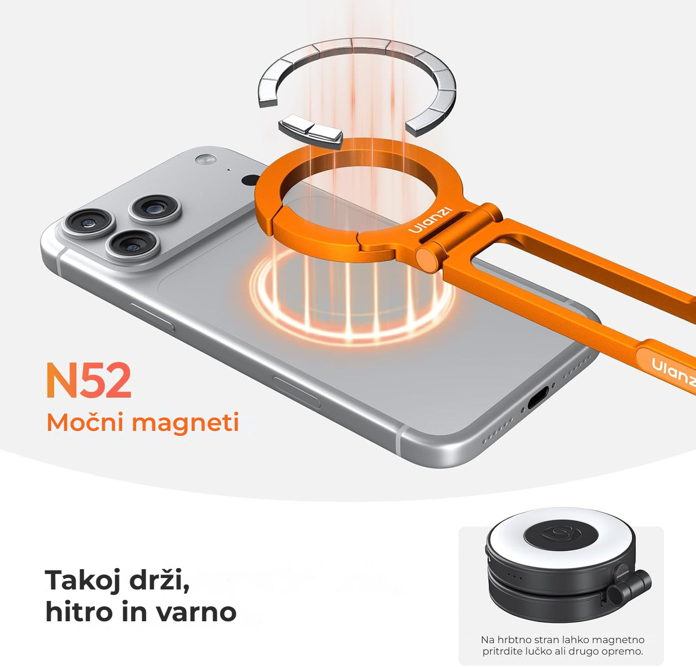 Ulanzi MA30S magnetno mini stojalo za telefon s karabinom, 8 mm, oranžno