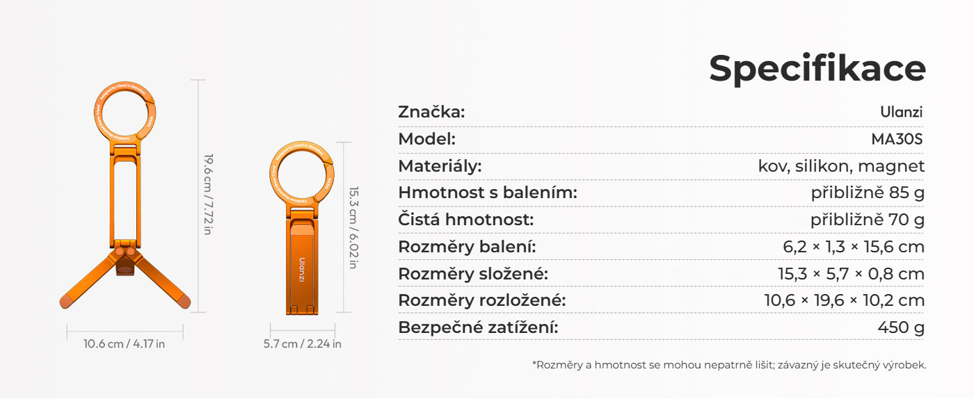 Ulanzi MA30S magnetický ministativ na telefon s karabinou, 8 mm, oranžový