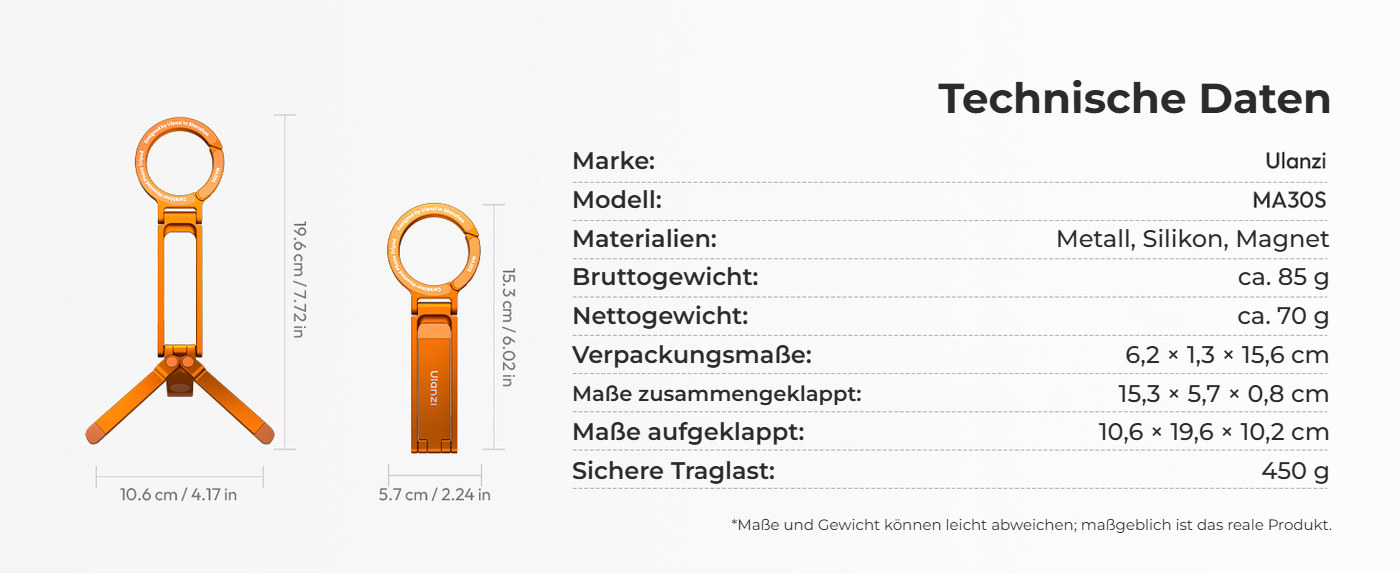 Ulanzi MA30S magnetisches Handy-Ministativ mit Karabiner, 8 mm, Orange