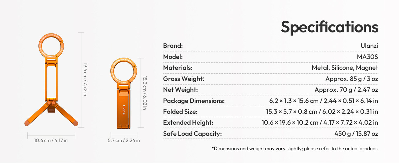 Ulanzi MA30S Magnetic Carabiner Phone Tripod Stand, 8 mm Slim, Orange