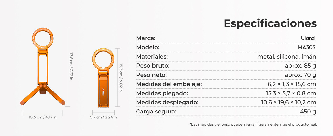 Ulanzi MA30S trípode magnético para móvil con mosquetón, 8 mm, naranja