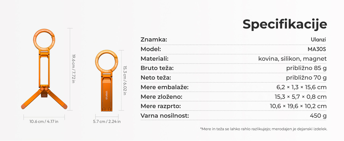 Ulanzi MA30S magnetno mini stojalo za telefon s karabinom, 8 mm, oranžno