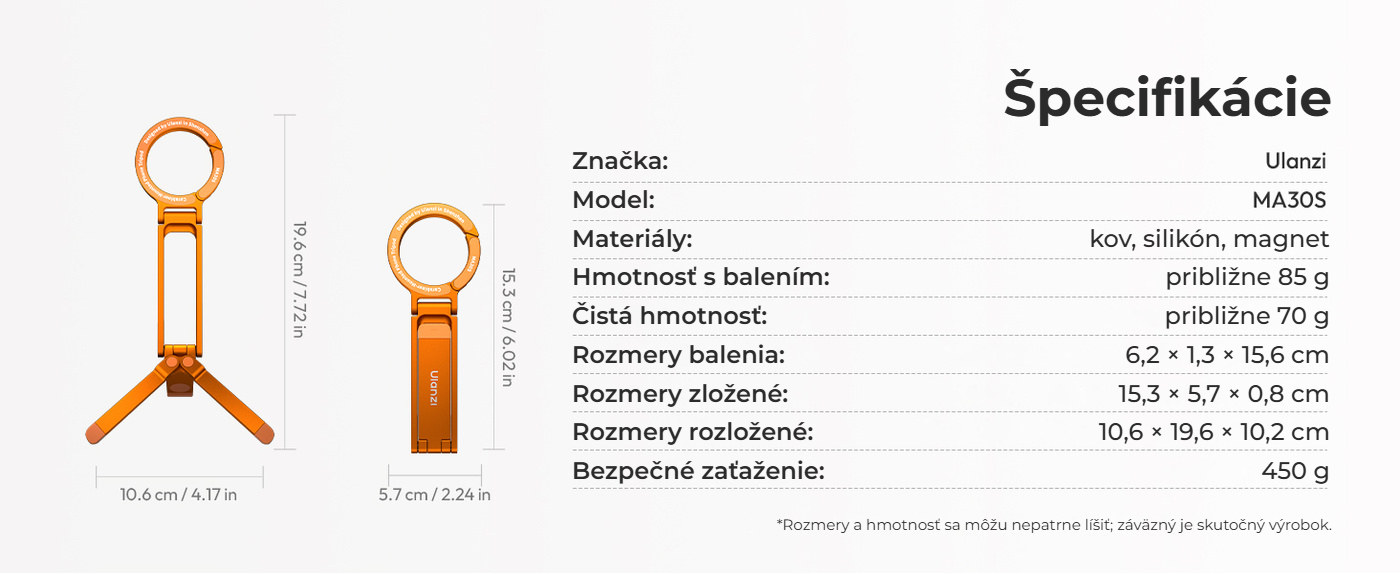 Ulanzi MA30S magnetický ministatív na telefón s karabínou, 8 mm, oranžový