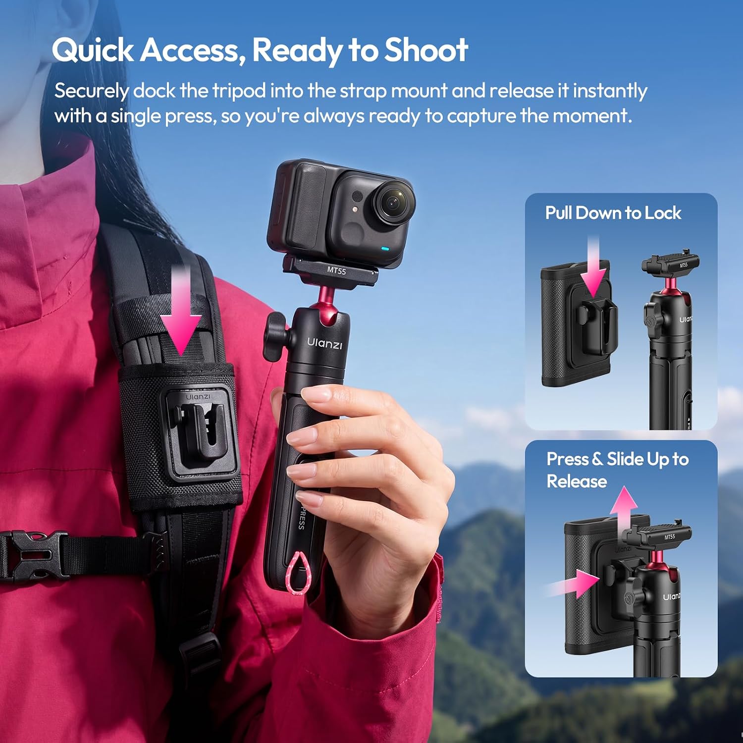 Ulanzi MT55 SnapGo Mini Tripod and Selfie Stick for DJI Osmo Action 6 and Nano, Black
