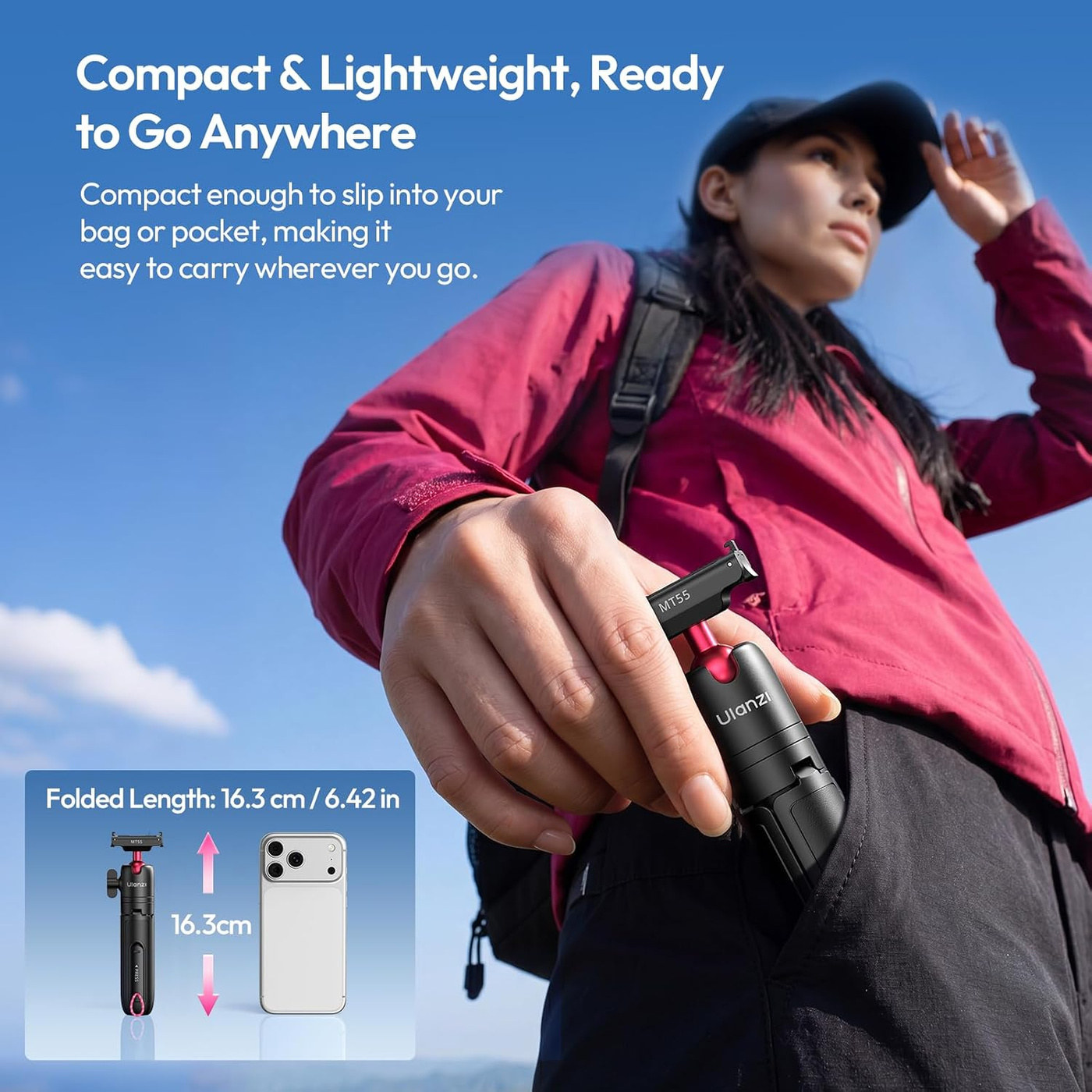 Ulanzi MT55 SnapGo Mini Tripod and Selfie Stick for DJI Osmo Action 6 and Nano, Black