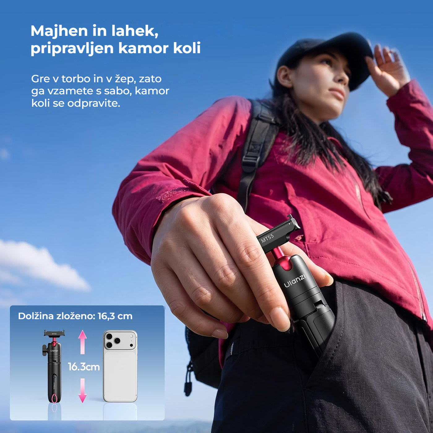 Ulanzi MT55 SnapGo mini stativ in selfi palica za DJI Osmo Action 6 in Nano, črn
