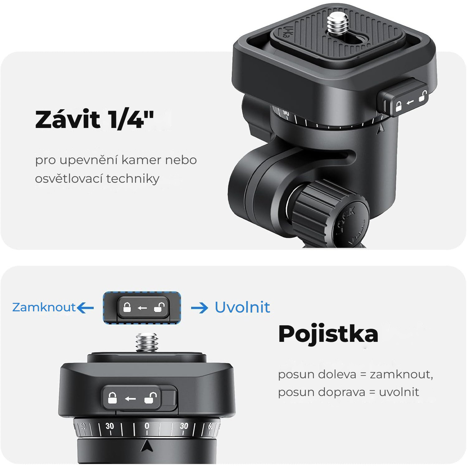 Ulanzi TH02 Uka obrácená kulová hlava – Posuvná pojistka a závit 1/4″