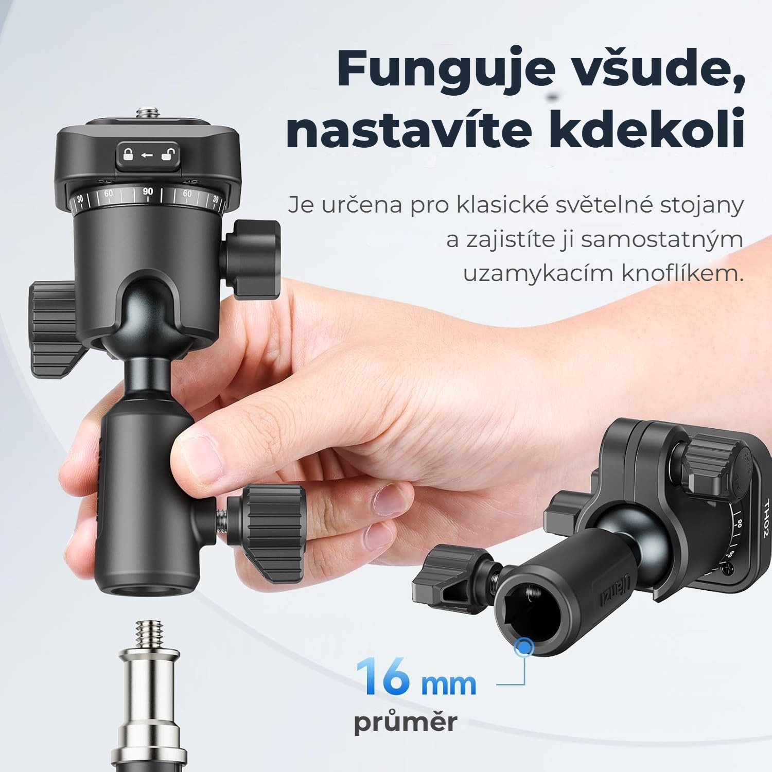 Ulanzi TH02 Uka obrácená kulová hlava – Pro standardní 16mm světelné stojany