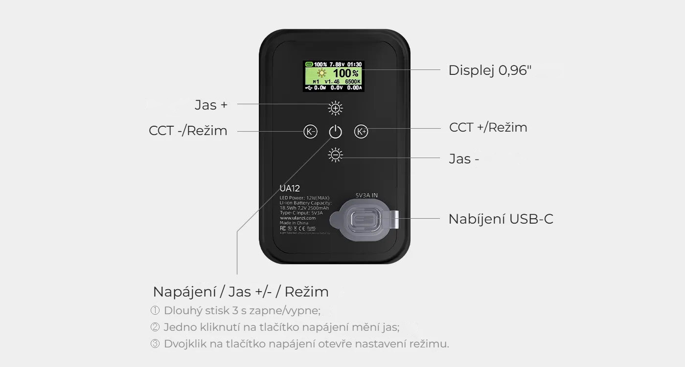 Ulanzi UA12 12W nafukovací světlo – Ovládání