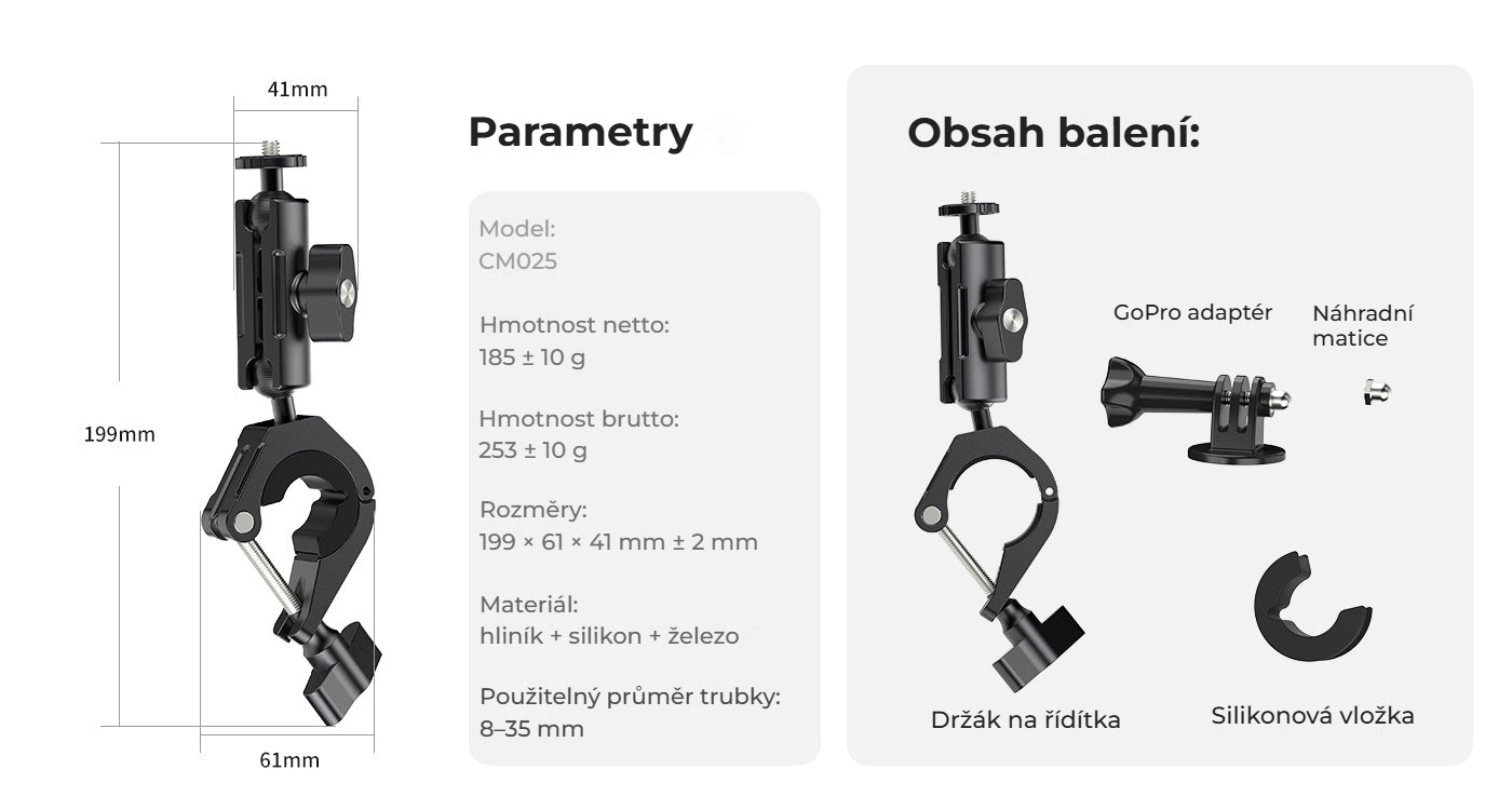 Ulanzi CM025 držák na řídítka pro akční kamery – Parametry a obsah balení