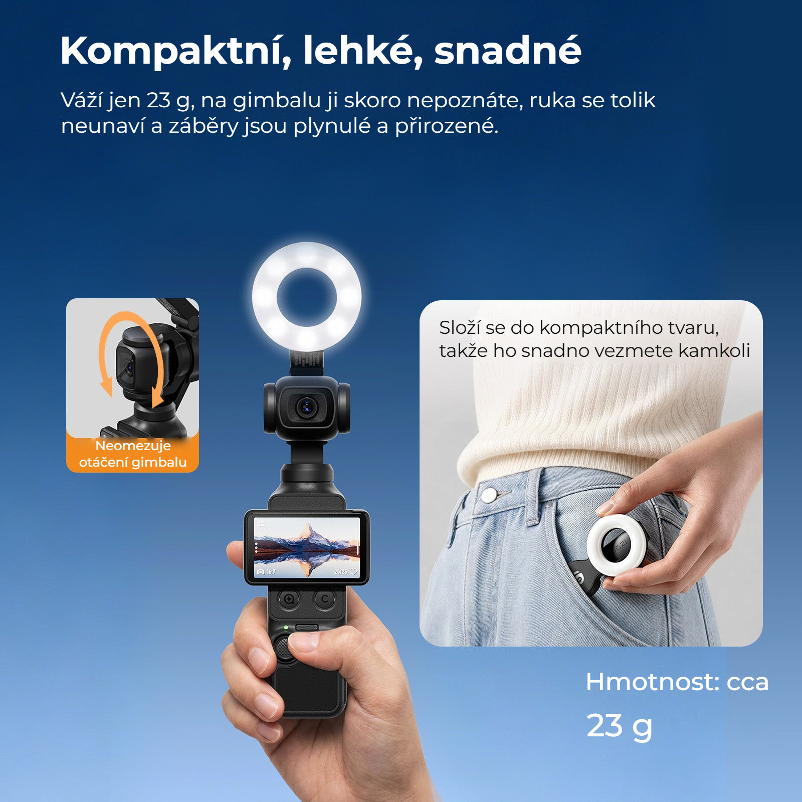 Ulanzi LM004 kruhové přisvětlení pro DJI Osmo Pocket 4 – 23 gramů a složí se s gimbalem