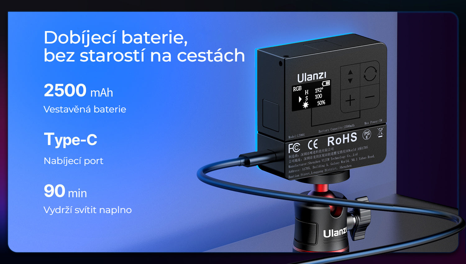 Ulanzi VL49 Pro RGB – Baterie 2500 mAh a USB-C
