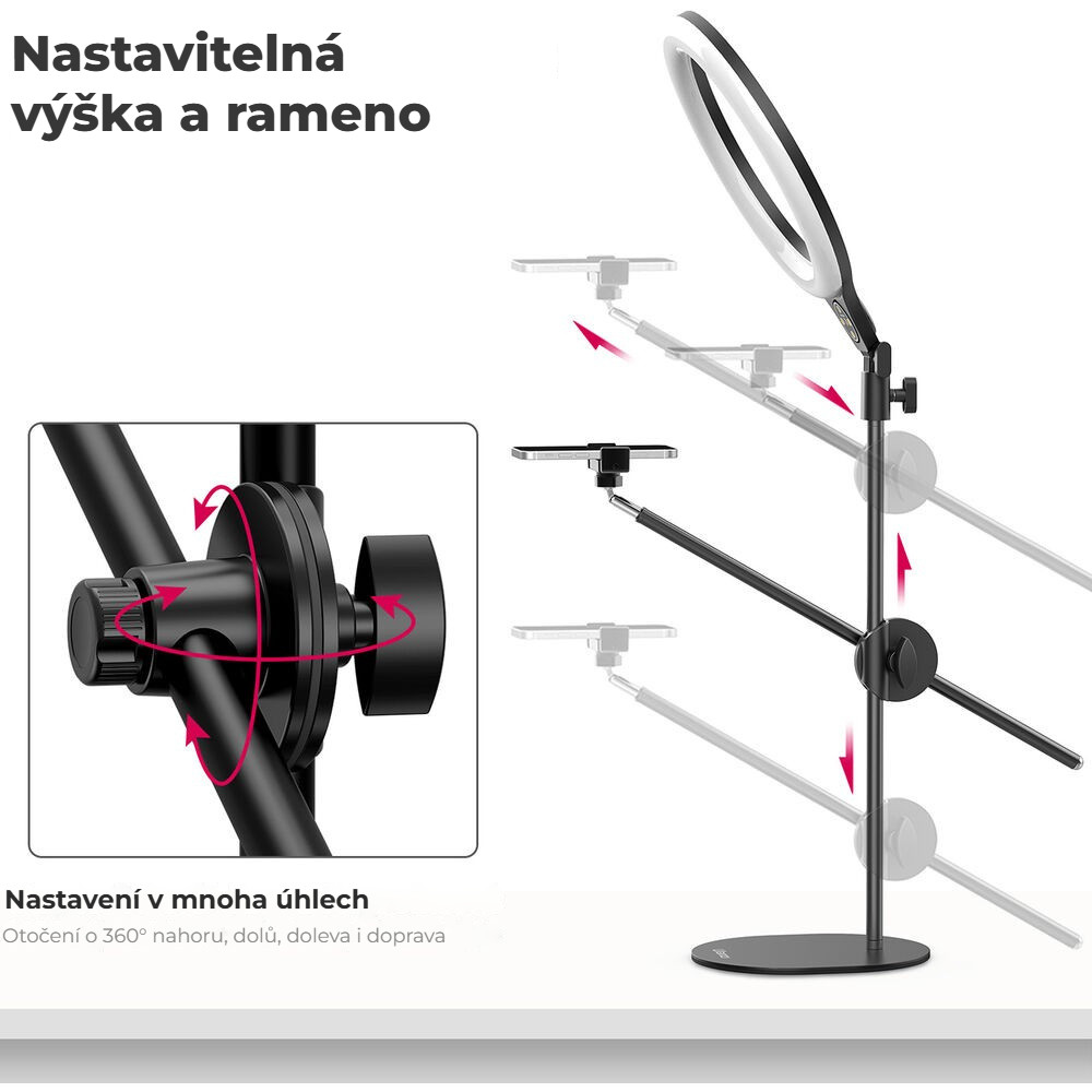 Ulanzi T1 LED kruhové světlo s ramenem – Výsuvné rameno nastavitelné v mnoha úhlech