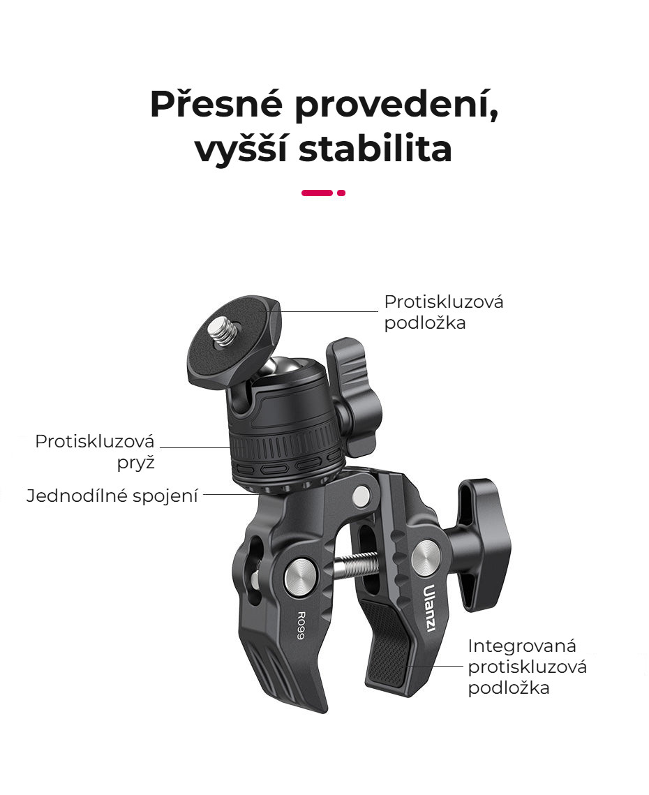 Ulanzi R099 svorka s mini kulovou hlavou – Přesné provedení, vyšší stabilita