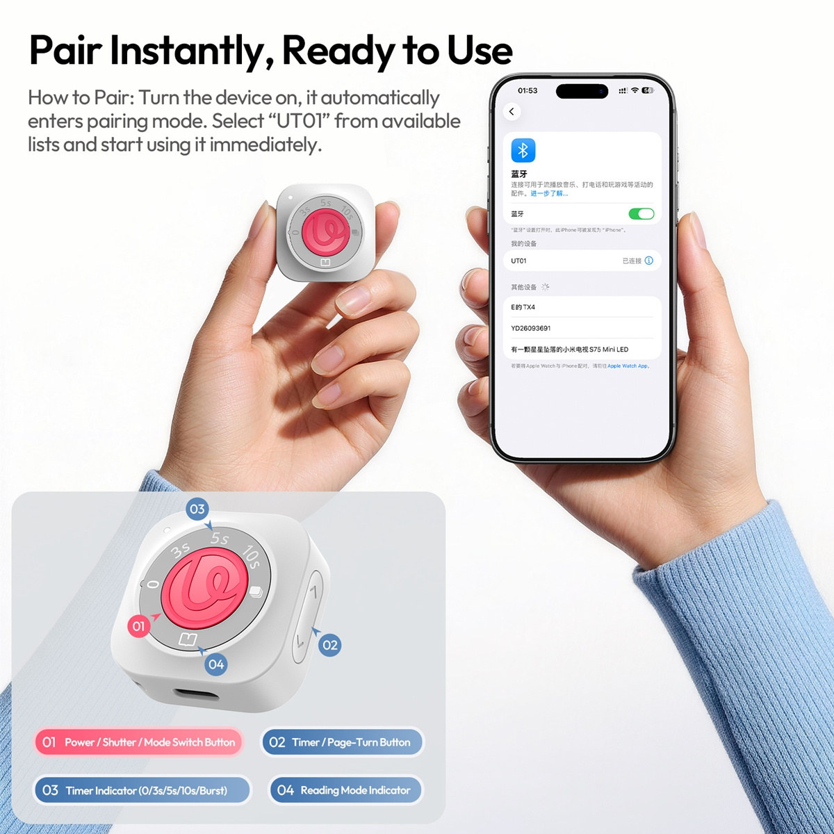 Ulanzi UT01 Bluetooth Remote Shutter and Scroller for Phones, White