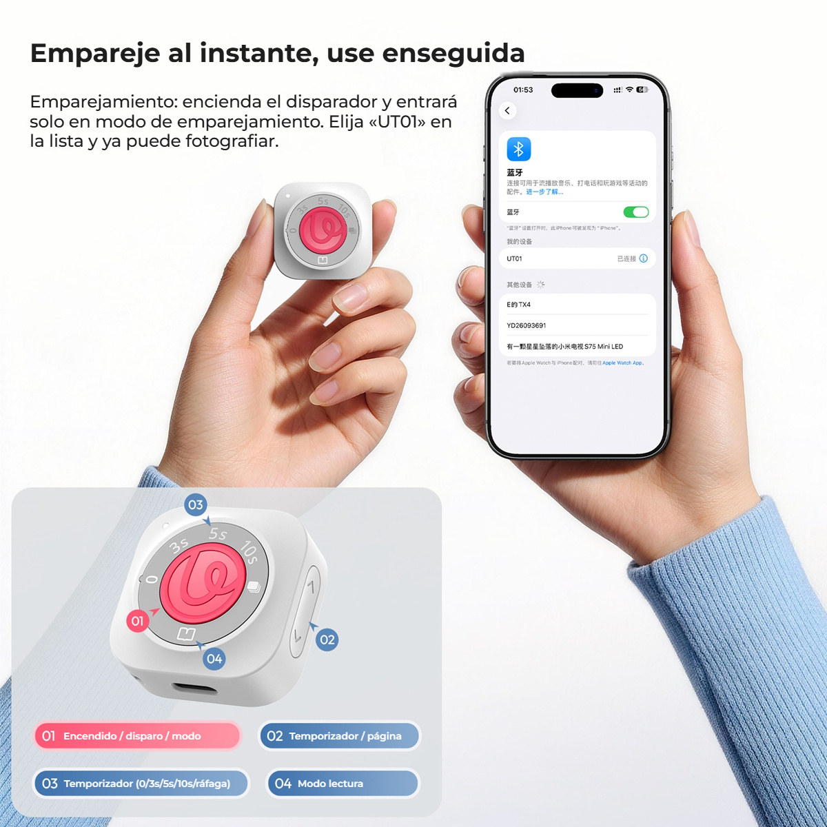 Ulanzi UT01 disparador remoto bluetooth y control de scroll para móvil, blanco